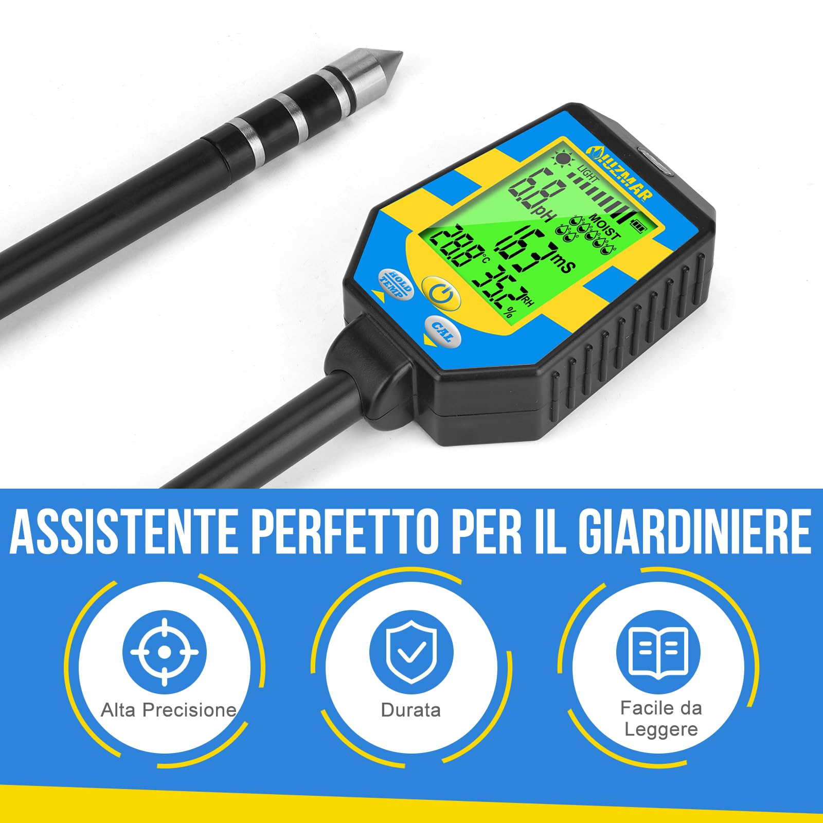 UIUZMAR Misuratore pH del Terreno 6 in 1, pH EC Luce Umidità del Suolo | Piaccametro EC Accurato per Piante e Idroponica
