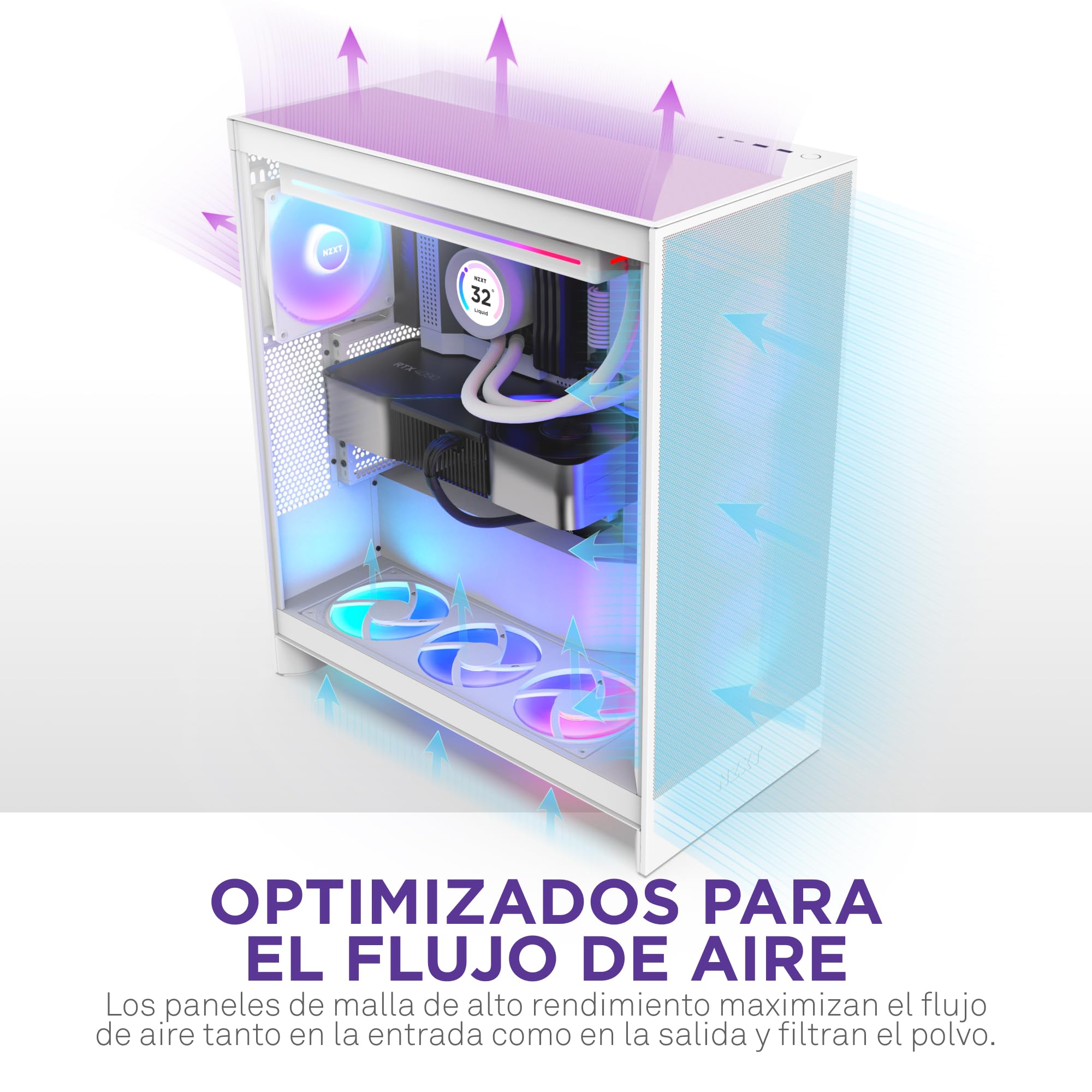 NZXT H7 Flow, 2024 Semitorre ATX Flujo de Aire, Admite 3 Ventiladores Inferiores 120 mm para gráfica, con 3 Ventiladores Frontales 120 mm, Admite radiador Frontal 420 mm, Blanco