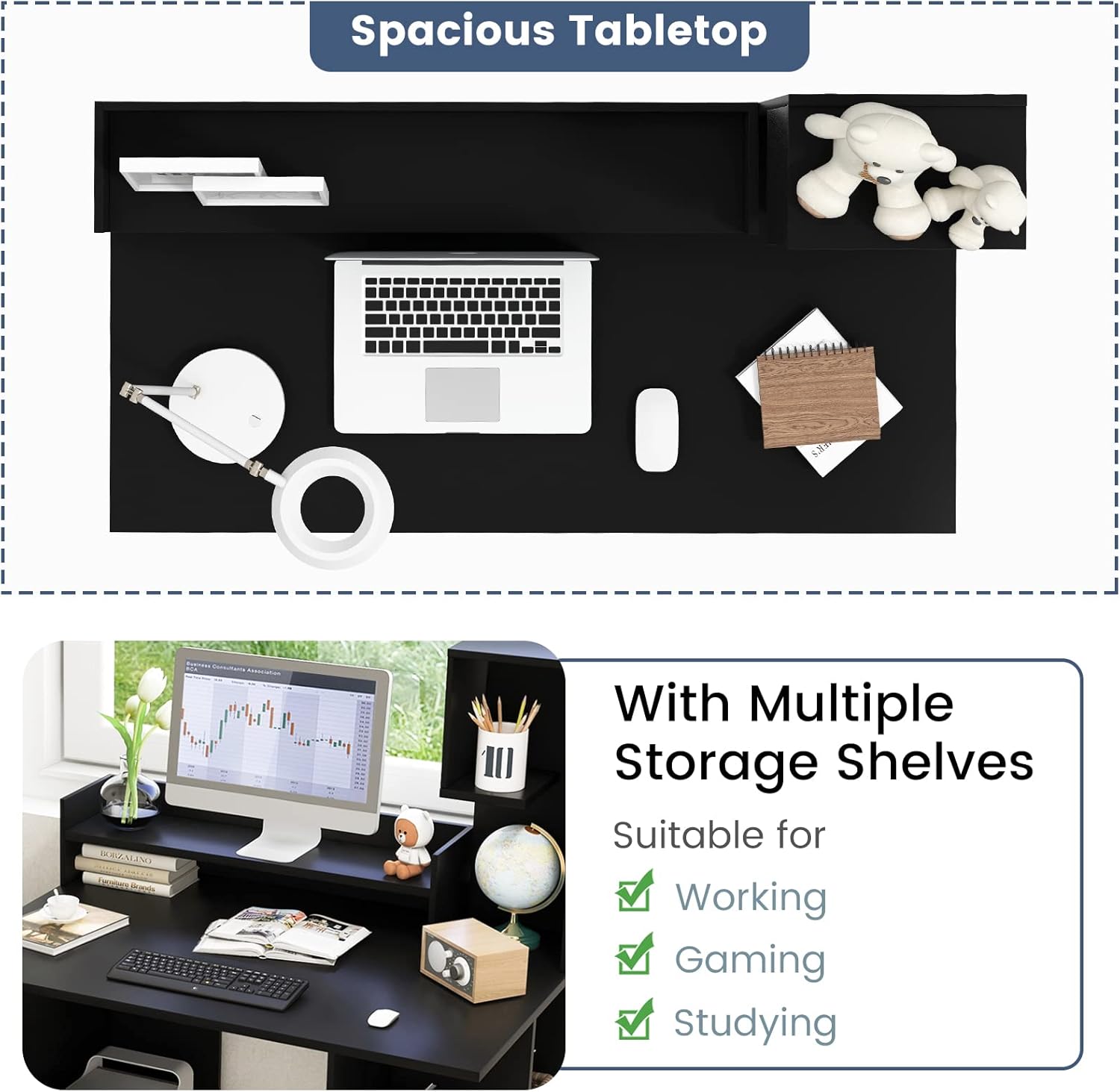 Tangkula Computer Desk with Storage Bookshelf & Hutch, 48” Modern Home Office Desk with 8 Storage Shelves, Space Saving Writing Study Desk for Bedroom, Compact Computer Workstation for Home (Black)