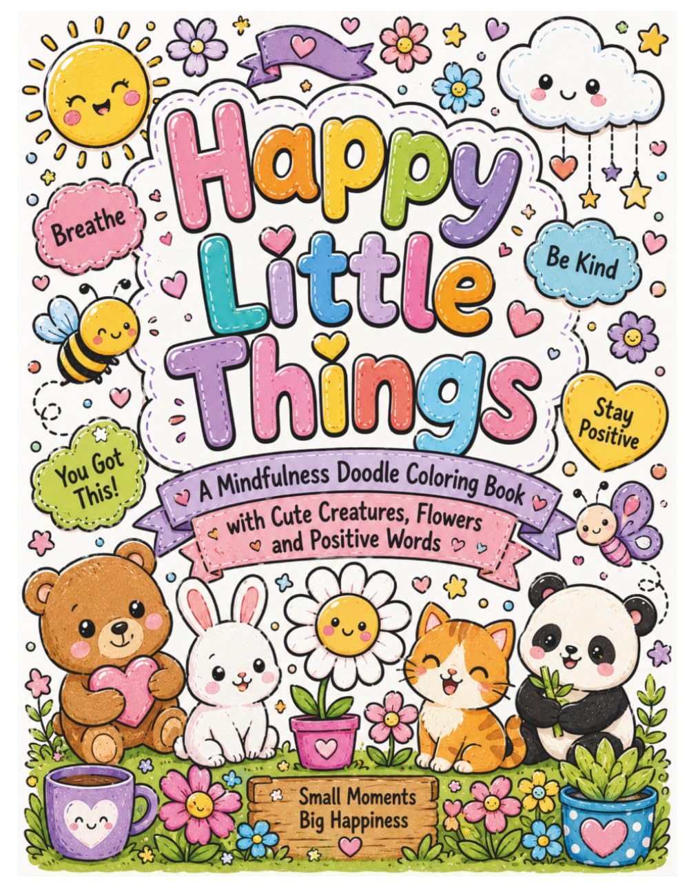 Happy Little Things Doodle Coloring Book: a mindfulness doodle coloring book with cute creatures, flowers and positive words