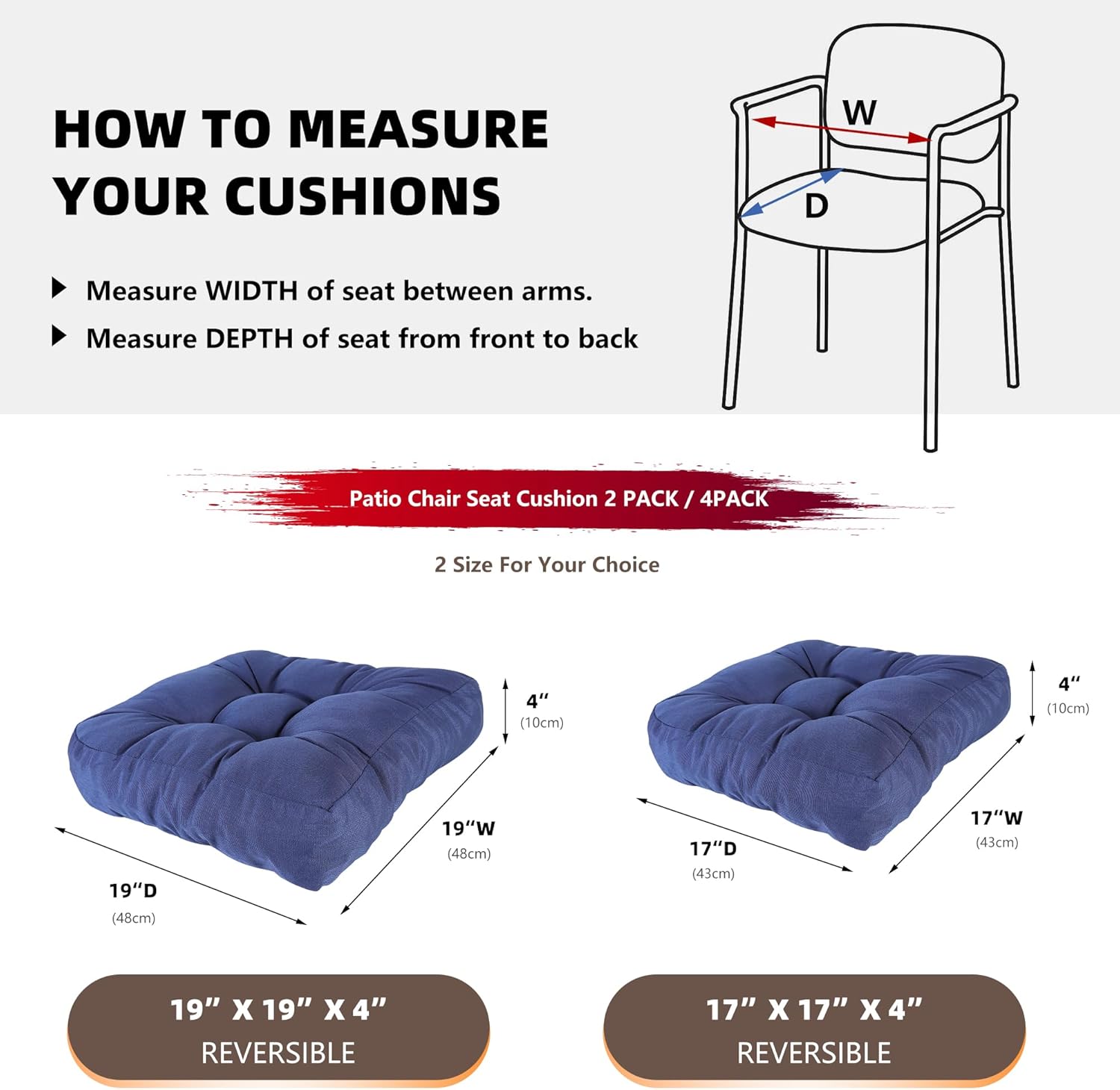 RACE LEAF 4 Pack 17x17 Patio Chair Cushions, Waterproof Memory Foam Cushions with Tufted Cover and Non-Slip Base (Navy)