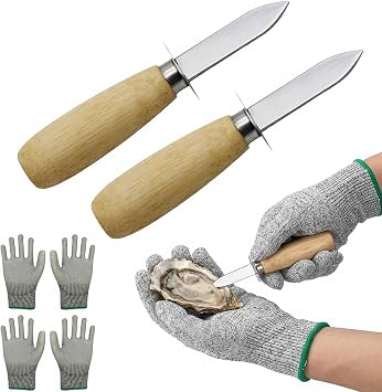 Oyster Shucking Knife, 2 Pack Oyster Knife Shucker Set with 2 Professional Grade Cut Resistant Gloves, Stainless Steel Seafood Opener Tools