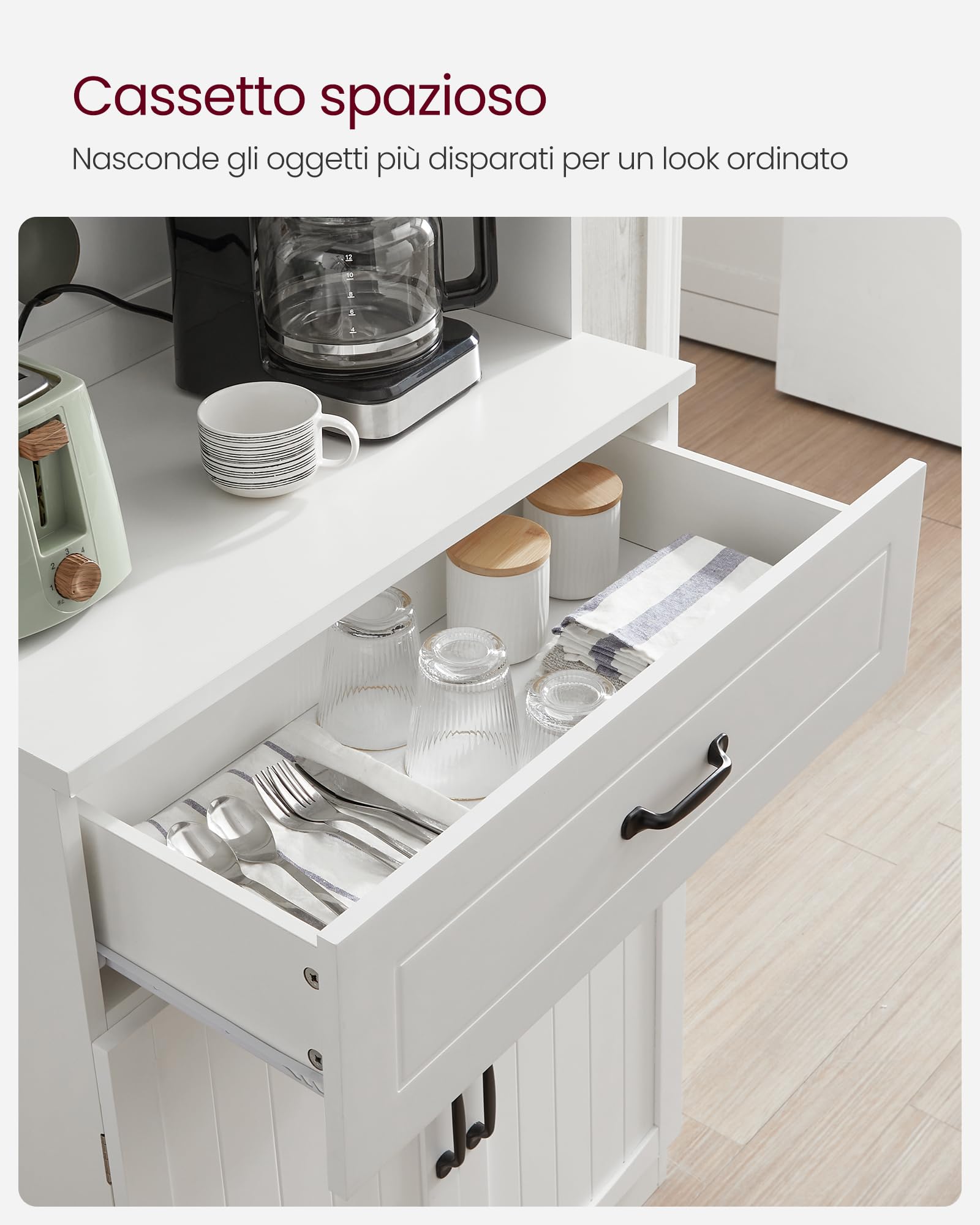 VASAGLE Credenza Alta Cucina, Dispensa Mobile da Cucina con Ante in Vetro e Ripiani Regolabili, Cassetto, Foro per Cavi, per Microonde, Stile Moderno, Bianco LSC361W21