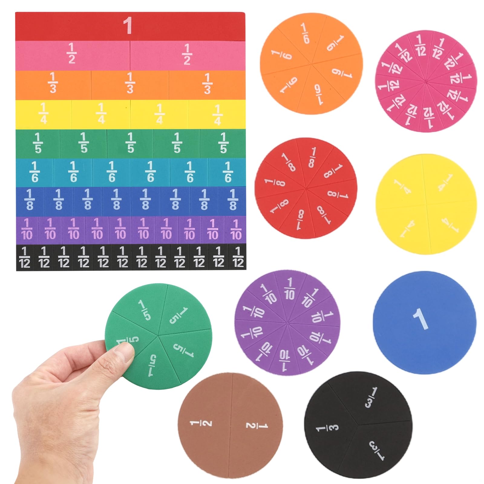 Manipulativos de fracciones de arco iris EVA, 12 juegos con azulejos y círculos, herramienta visual para cobertura de 1/1 a 1/12