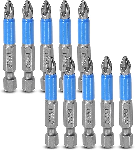 Miniatura 2 de Uenhoy Juego de 10 puntas de destornillador Phillips magnéticas de 2 pulgadas de largo, antideslizantes, n. 2, vástago hexagonal de 14 pulgadas (PH2