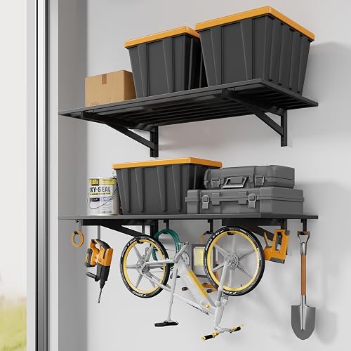 Jusgym 2-Pack Heavy Duty Garage Wall Shelving 2x4ft, 500lb Capacity with 8 Hooks, Floating Metal Storage Rack