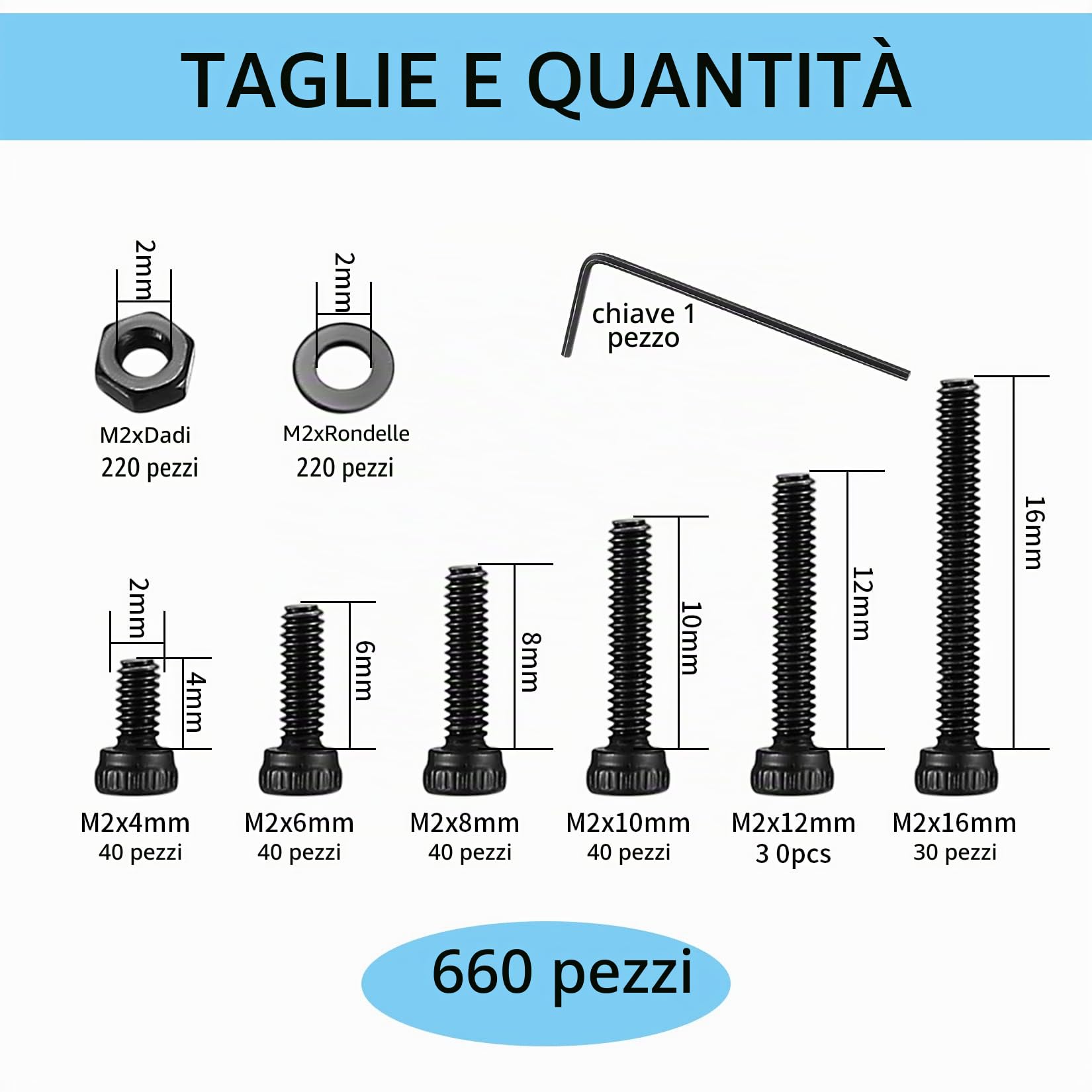 660 Pezzi M2 Viti e Bulloni e Dadi Set, Set di Viti a Esagono Incassato e Bulloni e Dadi e Rondelle Kit, Viti a Testa a Esagonale Bussola, Vite e Rondelle a Testa Brugola, Nere