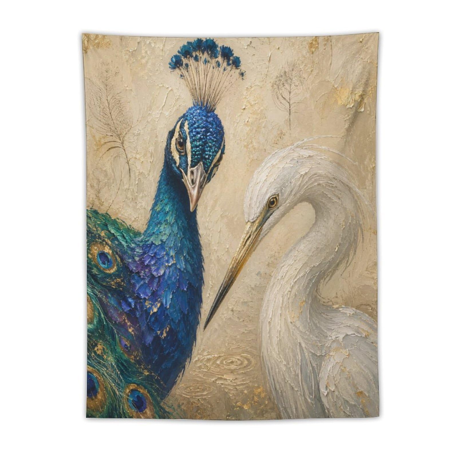 W7C8U2X3 Peacock and Egret Wall Tapestry, Detailed Illustration, Entryway