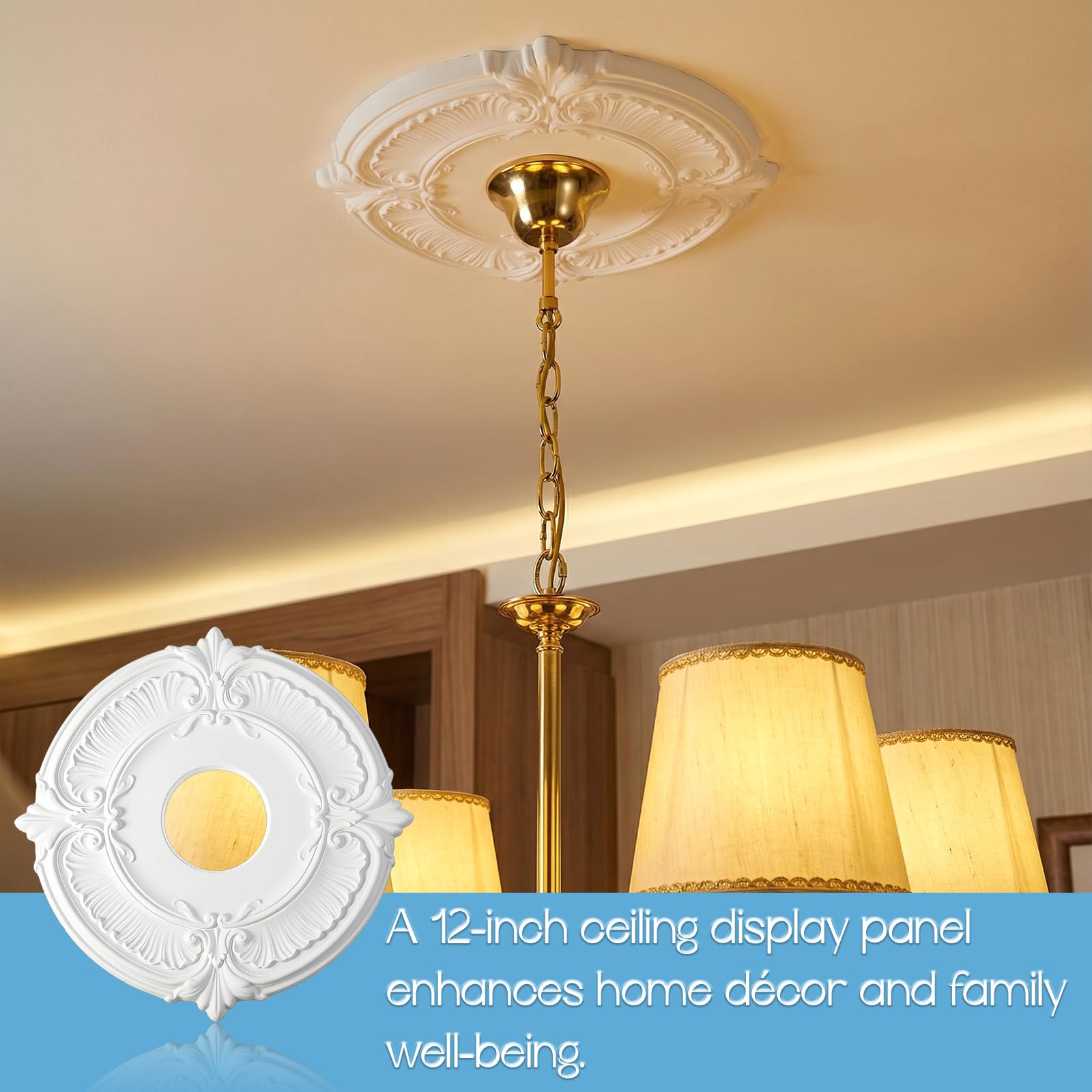 2 Pieces PU Ceiling Medallion Decorative White Home Lighting Ceiling Medallions Ceilings Fan Medallion Round for Light Fixtures and Ceilings Fans, 12" od x 3.5" ID(White) — Amazon image 6