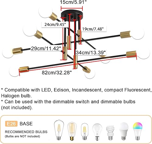 Miniatura 4 de Lámpara de techo moderna de mediados de siglo, lámpara Sputnik, lámpara industrial semiempotrada, iluminación colgante para cocina, comedor,