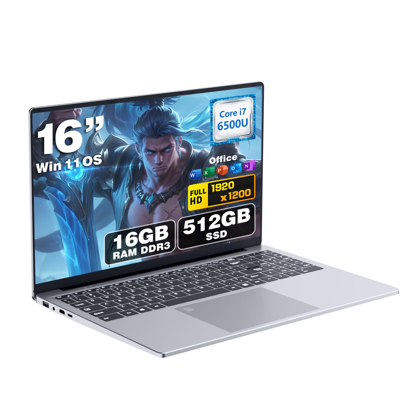 16" Ordenador Portátil Core i7 6500U (up 3.1GHz) Procesador, PC Portatil Win 11 16GB RAM 512GB SSD, Pantalla IPS Teclado Numérico Retroiluminado USB3.0 HDMI BT5.0 laptop para Multitarea y Movilidad