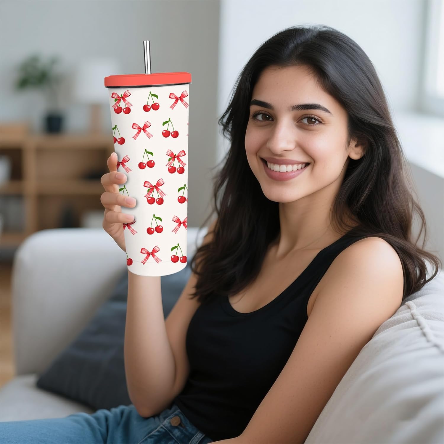 Cute Cherry Coquette Bow Gifts Coffee Tumbler Cup 24oz with Lid Cherries Festival Gifts for Cherry Lovers Girls Women Sister - Image 7