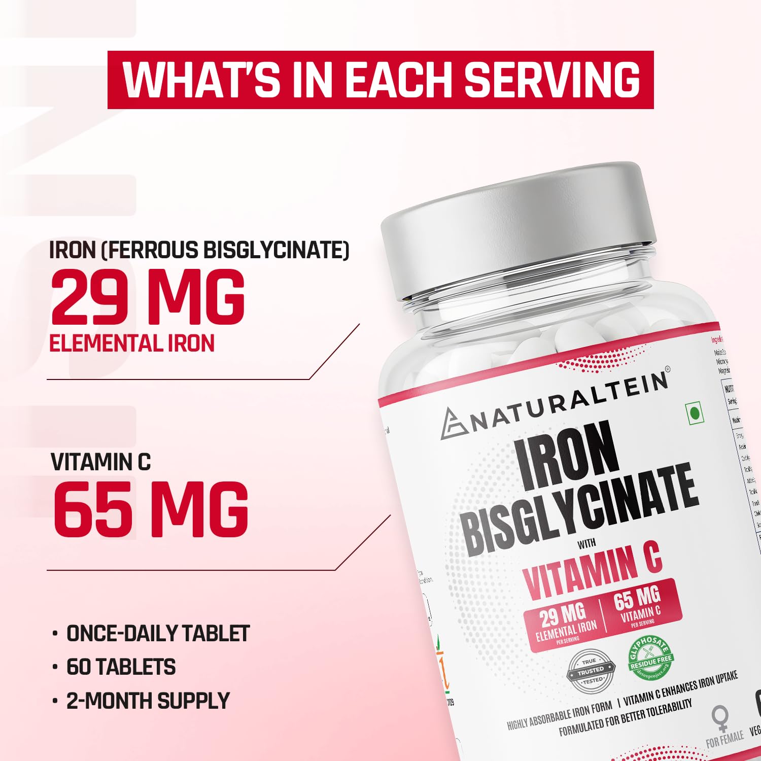 NATURALTEIN Iron Bisglycinate with Vitamin C – 60 Tablets | 29 mg Elemental Iron | Gentle on Stomach | Supports Women’s Energy, Vitality & Healthy Blood Levels 2
