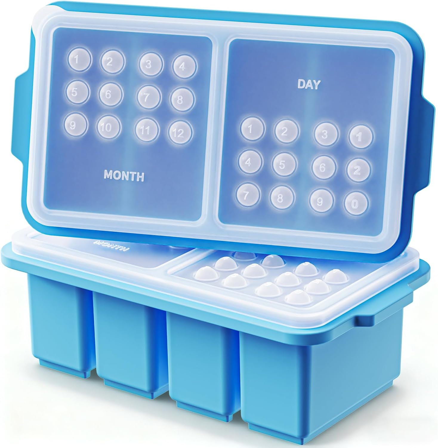 EuChoiz 2 Pack Silicone Freezer Tray Cubes 1 Cup with Date Mark Lids for Freezing Food Leftovers Sauces Portion and Lasagna Broth, Soup Freezer Molds for Meal Prepping Thick Enough