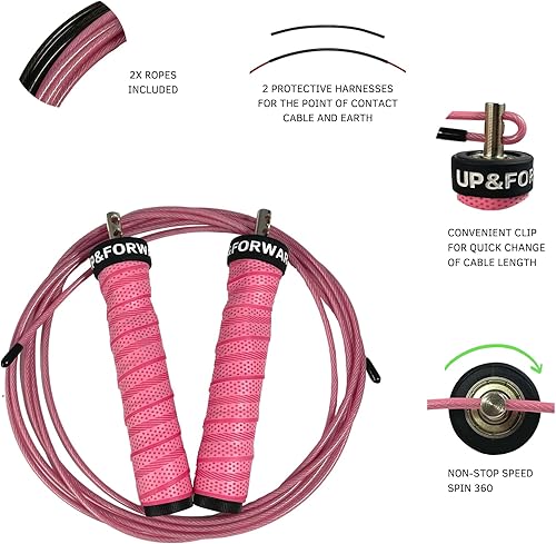 Miniatura 3 de UP & FORWARD Cuerda de salto de velocidad, asas ergonómicas y dos cables con protección, cuerdas de salto ajustables para entrenamiento en