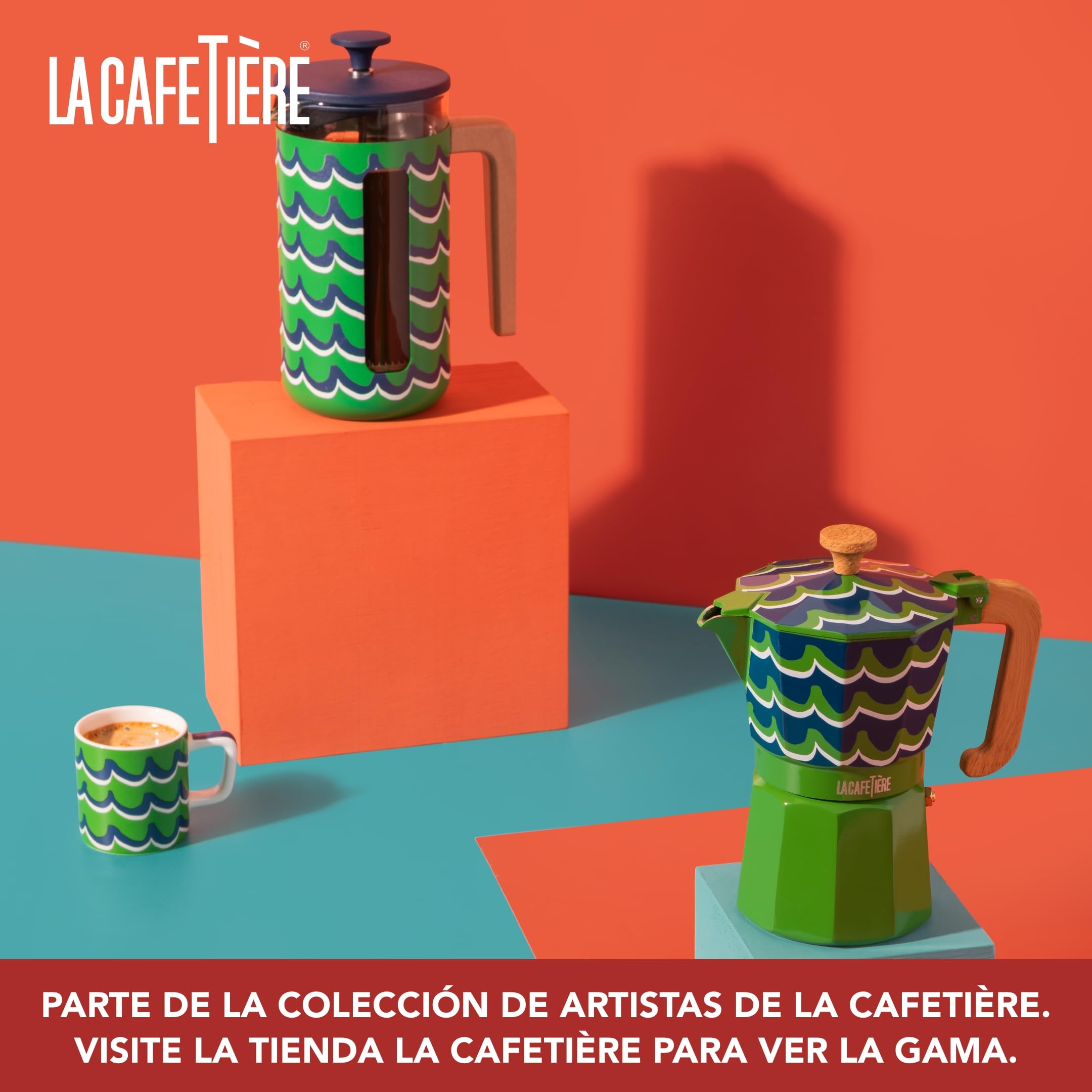 La Cafetière Pisa - Cafetera grande de prensa francesa con diseño de remolino, cafetera de cerámica resistente al calor de 1 L con émbolo de fácil agarre, té suelto y café molido, Cyan Tides