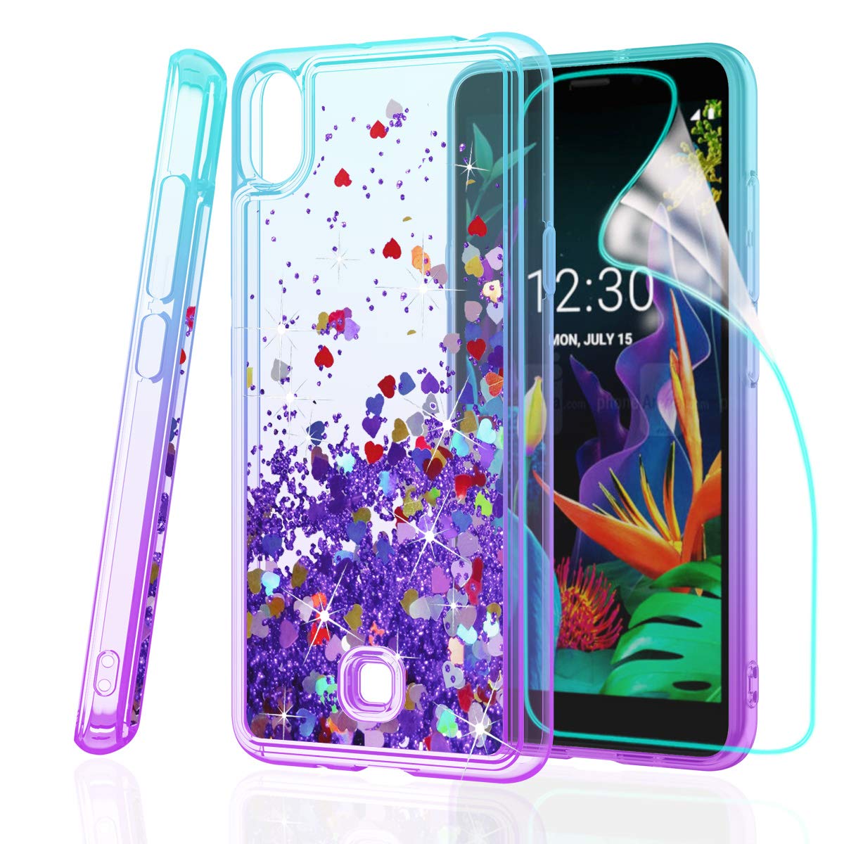 ZingCon Compatible for LG K20 2019 Case,[HD Screen Protector] Heavy Duty Glitter Bling Waterfall Quicksand Protective Phone Case for K20 2019-Lake/Purple