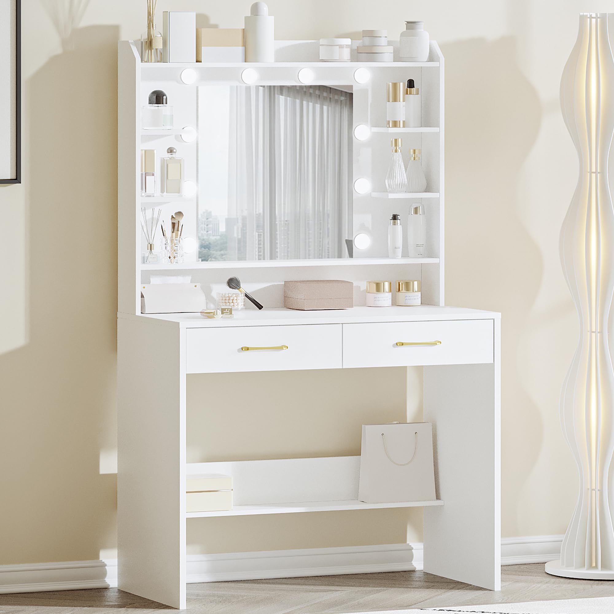 Hzuaneri Dressing Table with Mirror and Led Light, Vanity Desk with Adjustable Brightness, Vanity Table with Shelves and 2 Drawers, for Bedroom, Living Room, 40 x 80 x 149 cm, White DT08203XV1UK