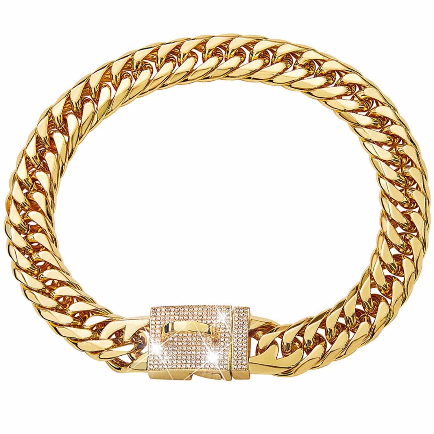Collier chaîne pour chien de grande taille maille or 16 mm strass et fermoir réglable