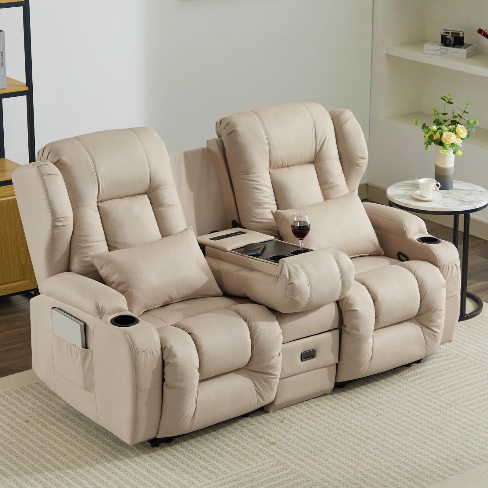 SAMERY Zweisitzer Relaxsessel mit Liegefunktion, 2er-Fernsehsessel Kinosessel 2 Sitzer TV Sessel Heimkino Sitze mit klappbare Mittelkonsole, 4 Getränkehalter (Beige, 172 cm Zweisitzer)