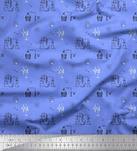 Soimoi - Tela de popelín de algodón azul para equipos científicos de laboratorio, tela impresa temática educativa, 8.3ft de ancho
