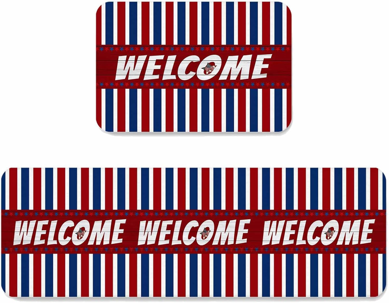 Prime Leader Independence Day Kitchen Mat Set 2 Pieces Welcome Red Wood Grain Red Blue White Stripes Non Slip Kitchen Rugs Washable Runner Rug Mats for Sink Laundry (23.6" x 35.4"+23.6" x 70.9")