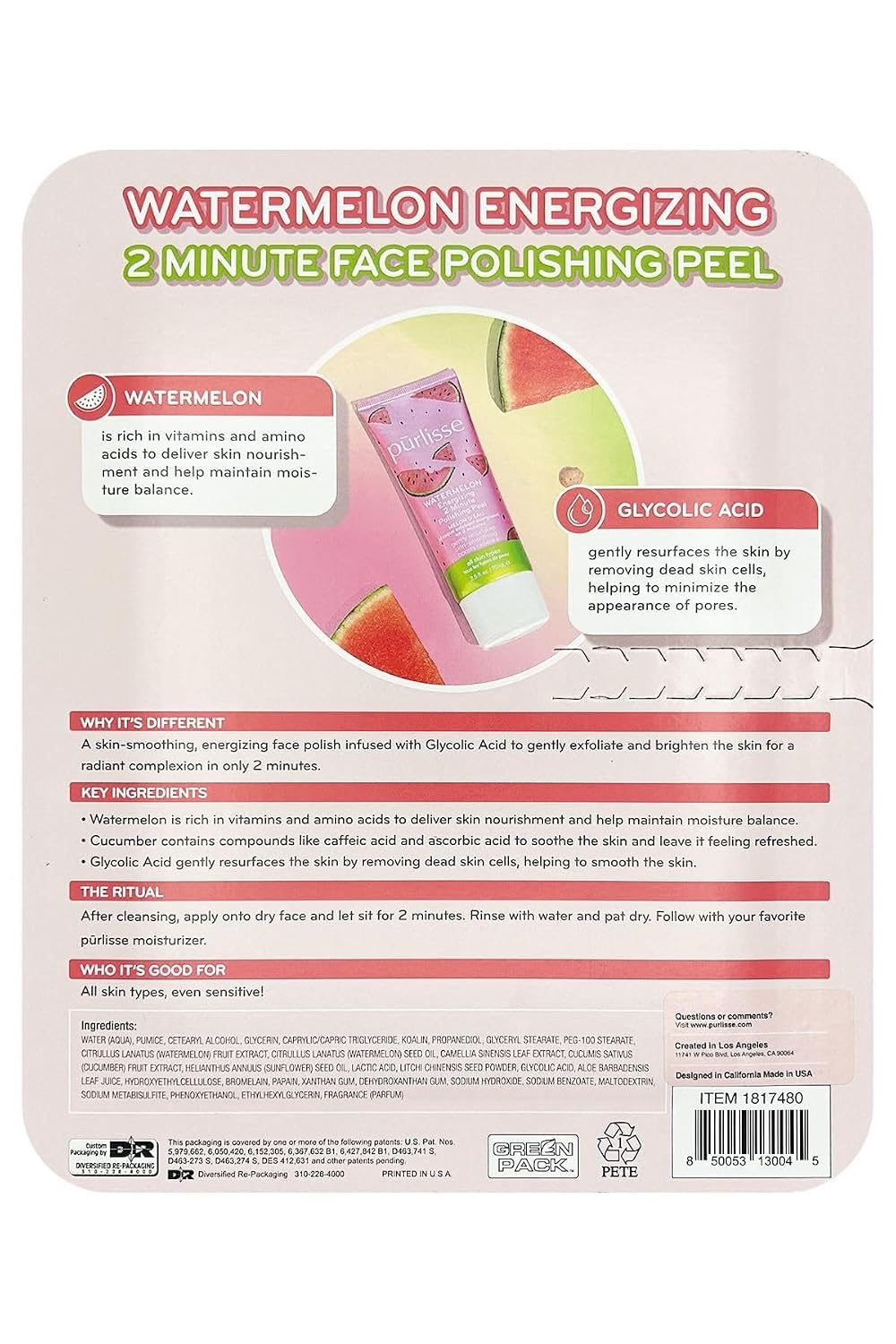 Purlisse Watermelon Energizing 2 Minute Polishing Peel, Cruelty-free, Paraben & Sulfate-free, Brightening & Smoothing, 2 Pack