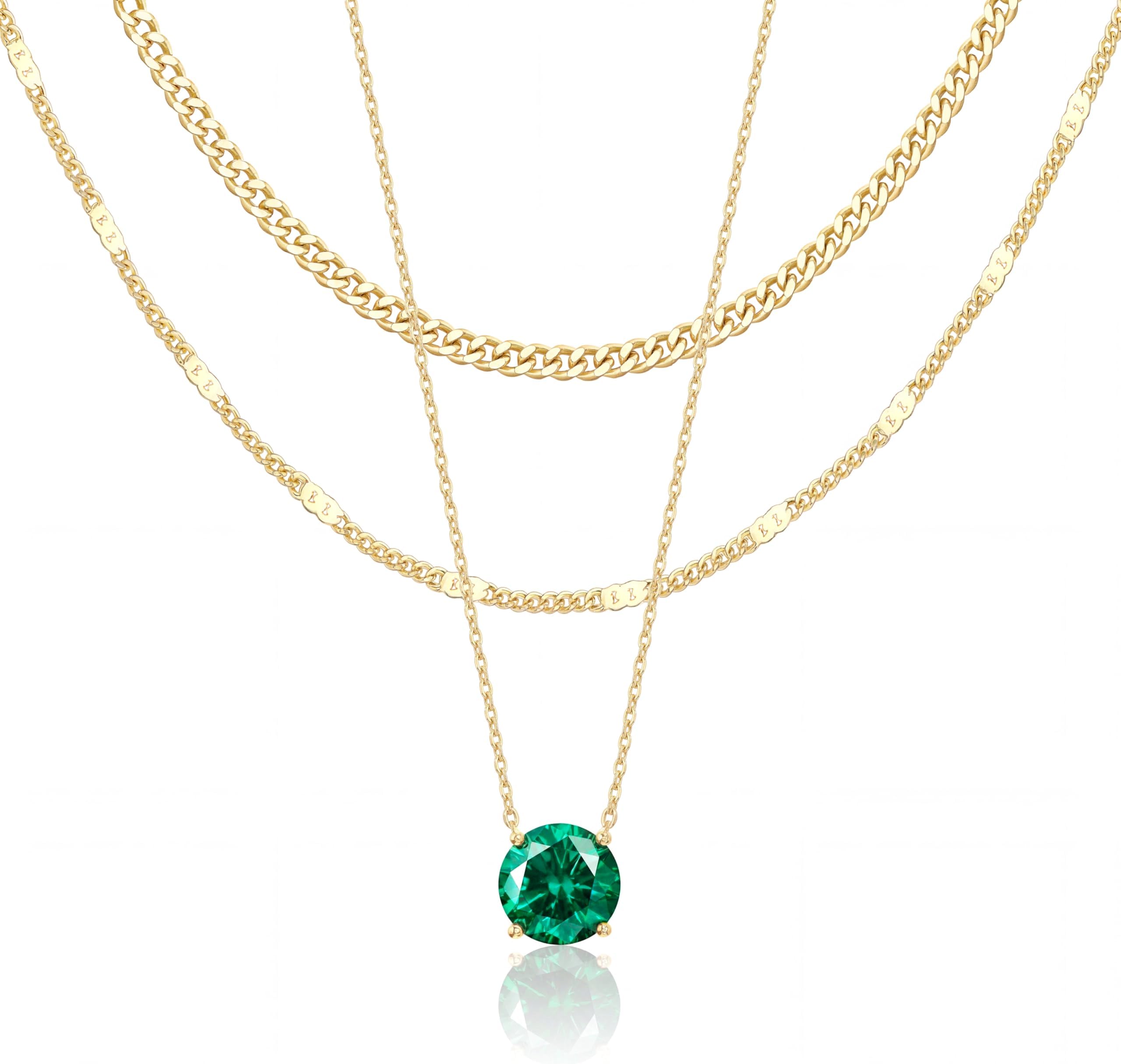 WomenGifts Layered Gold Necklaces for Women, 14K Gold Sterling Silver Plated Dainty Pendant Necklace Set Non Tarnish, Chunky Stackable Cuban Chain Choker, Trendy Birthstone Vacation Jewelry Gift