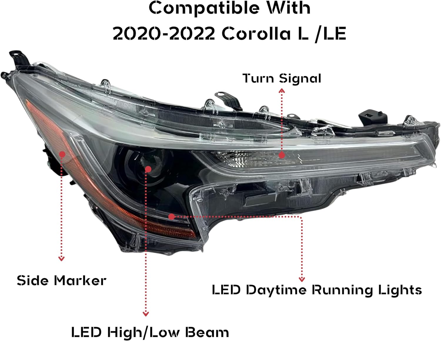 Headlight Assembly Replacement For 2020 2021 2022 Toyota Corolla L/LE Sedan LED Headlamp with Bulb Right/Passenger Side, Partslink TO2503286 / OEM 81110-02S30