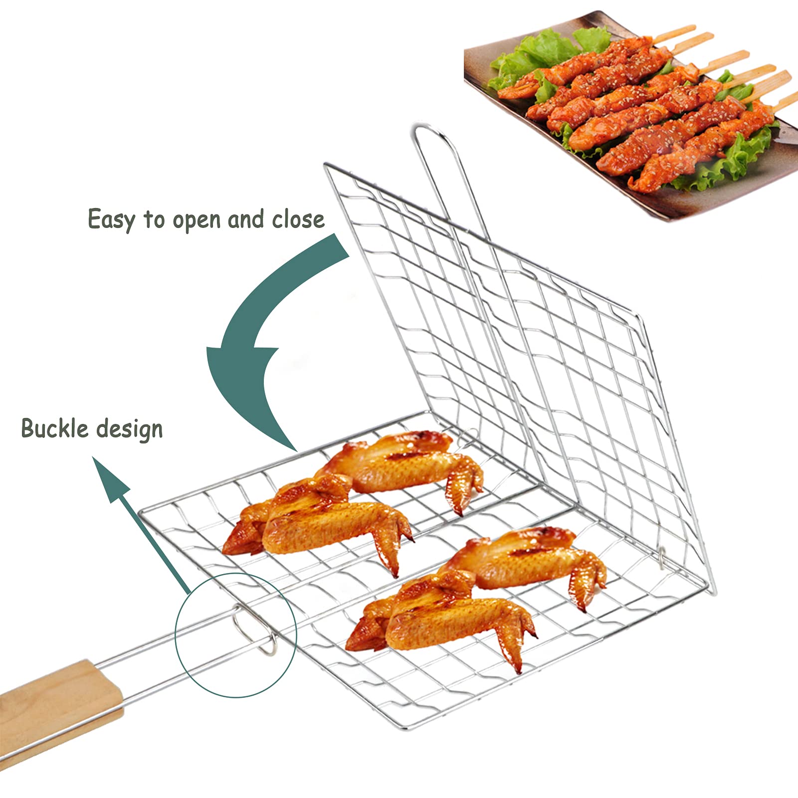 Grille de Barbecue Portable Pliable avec Poignée en Bois pour Poisson 2 Pièces