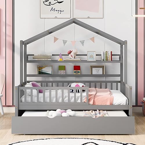 Miniatura 209 de Base de cama de casa de tamaño individual con techo y valla, marco de cama de madera para niños pequeños, adolescentes, niñas, niños, se puede