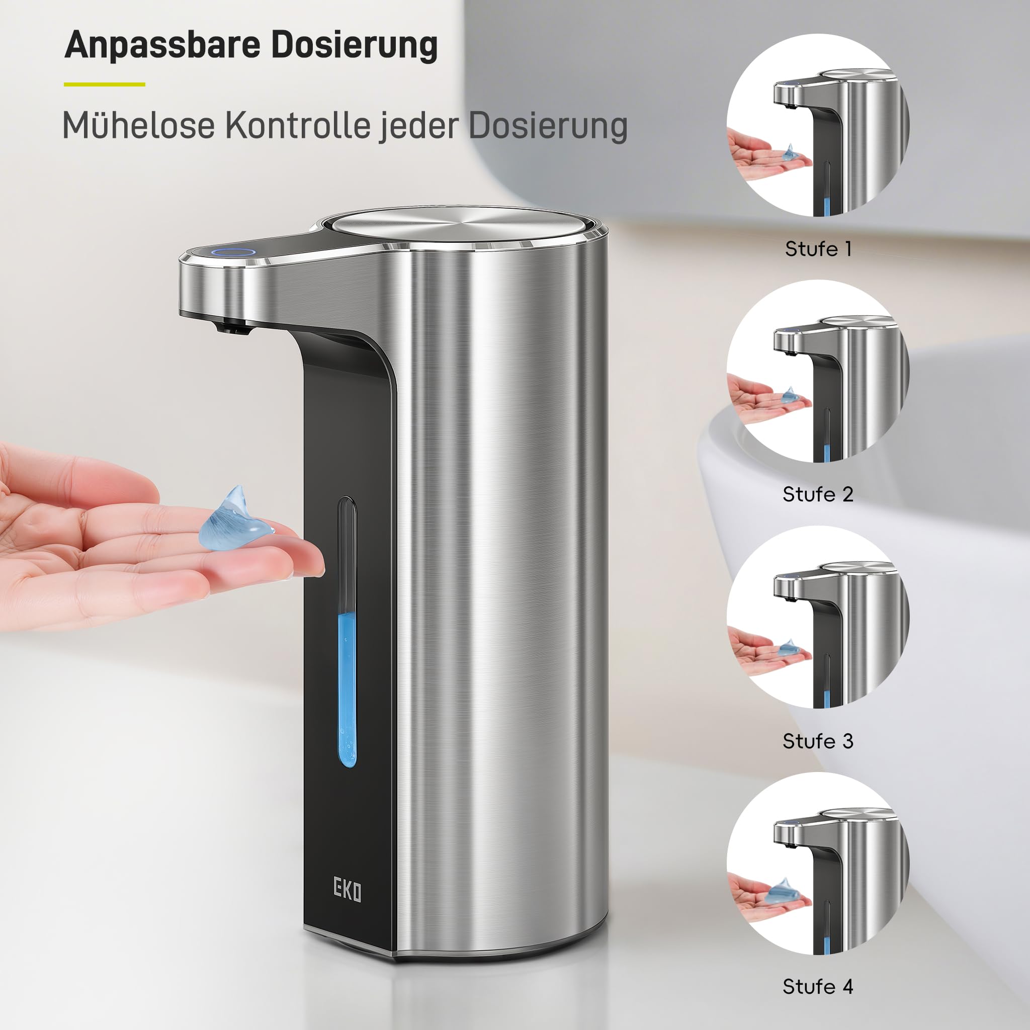 EKO Aroma Pro 400ml Seifenspender Automatisch, Variable Dosierung, magnetisch aufladbar, elektrischer Flüssigseifenspender für Bad & Küche, IPX7 wasserdicht, Edelstahloberfläche