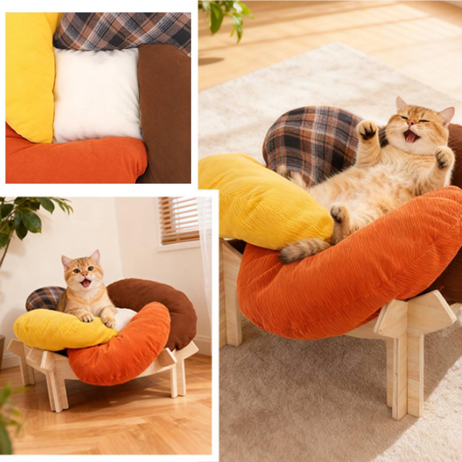 Nido per Gatti in Pile Letto Rialzato Cuccia Divano Amaca Base in Legno Multistrato Rivestimento Morbido Confortevole Traspirante a Blocchi Facile