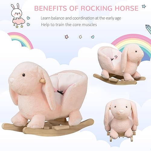 Miniatura 3 de Qaba Caballo mecedor para bebé, conejo de peluche con sonido simulado, base de madera, cinturón de seguridad, mecedora de relleno para niños de 18 a