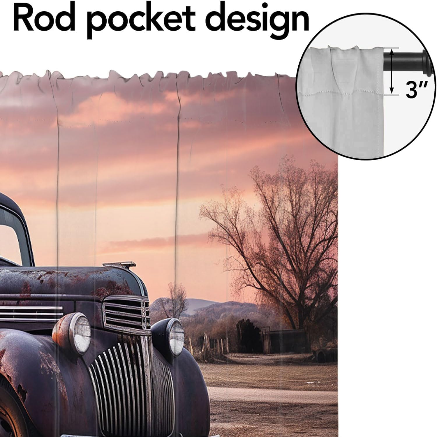 Farmhouse Vintage Old Truck Kitchen Rod Pocket Valances Curtain Rustic Wooden Barn Antique Car Privacy Window Valances for Living Room Bedroom Bathroom 54 x 18 Inch, 2 Panel