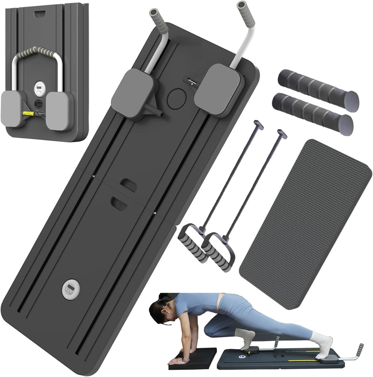 Pilates Reformer Machine Board Set Ab Roller Exercise Wheel Automatic Rebound Foldable Pilates Board Abdominal Exercise Equipment with Resistance Rope and Timer