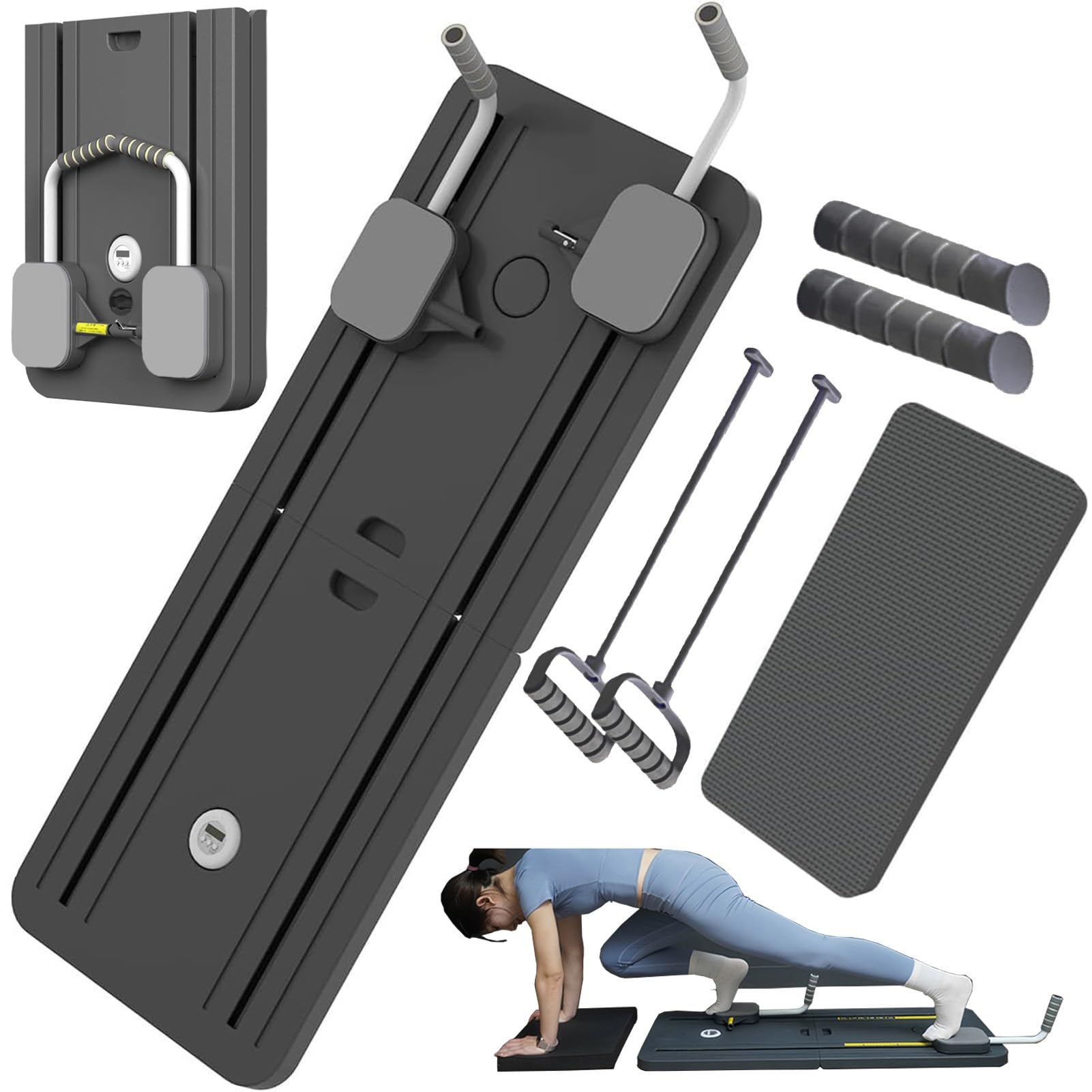 ExeractFit Pilates Reformer Machine Board Set Ab Roller Exercise Wheel Automatic Rebound Foldable Pilates Board Abdominal Exercise Equipment with Resistance Rope and Timer