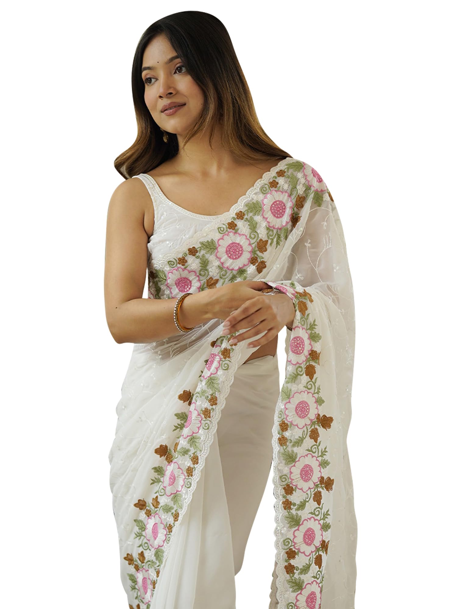 Women's Shimmer White Georgette Sequins Embroidere Work Saree With Unstitched Blouse Piece(AARYAN12806_KR_SM)-image-31