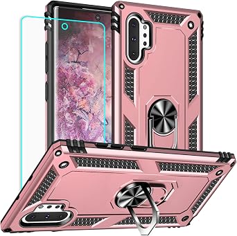for Samsung Galaxy Note 10 Plus Case with Screen Protector[Military Grade Drop Tested] Ring Holder Kickstand Shockproof Anti-Slip Protective Phone Case for Note 10 Plus 6.8- Rose Gold