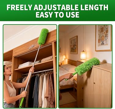 Cobweb Duster with Extension Pole, Washable Cleaning Duster Kit with 3 Duster Heads, Cobweb Duster, Corner Brush, Aluminum Telescoping Pole for high Ceiling Fan,Spider Web Brush with Extension Pole