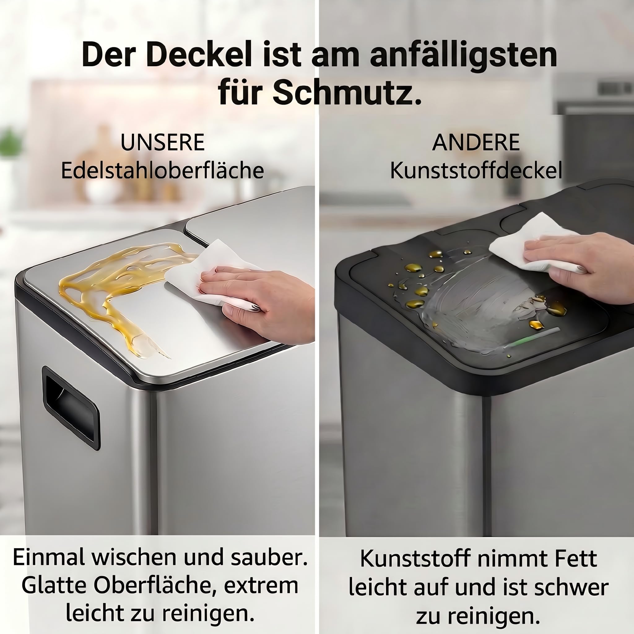 Mülleimer Küche 2 x 19 L(38L), Edelstahl Treteimer mit Deckel, Mülltrennsystem 2 Fächer, Abfalleimer mit Softclose, Fingerabdruckresistent, Pedaleimer mit Inneneimer für Küche Haushalt