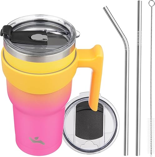 Miniatura 13 de Vaso de 30 onzas con asa y 2 pajitas, 2 tapas, botella de agua aislada de acero inoxidable con vacío, taza de viaje reutilizable, color lavanda