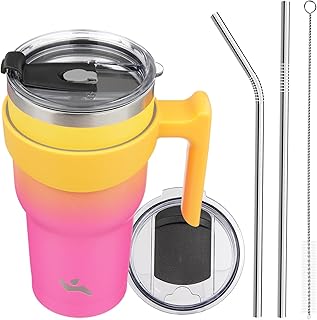 Konokyo 30 oz Tumbler with Handle and 2 Straw 2 Lid, Insulated Water Bottle Stainless Steel Vacuum Cup Reusable Travel Mug,Rainbow
