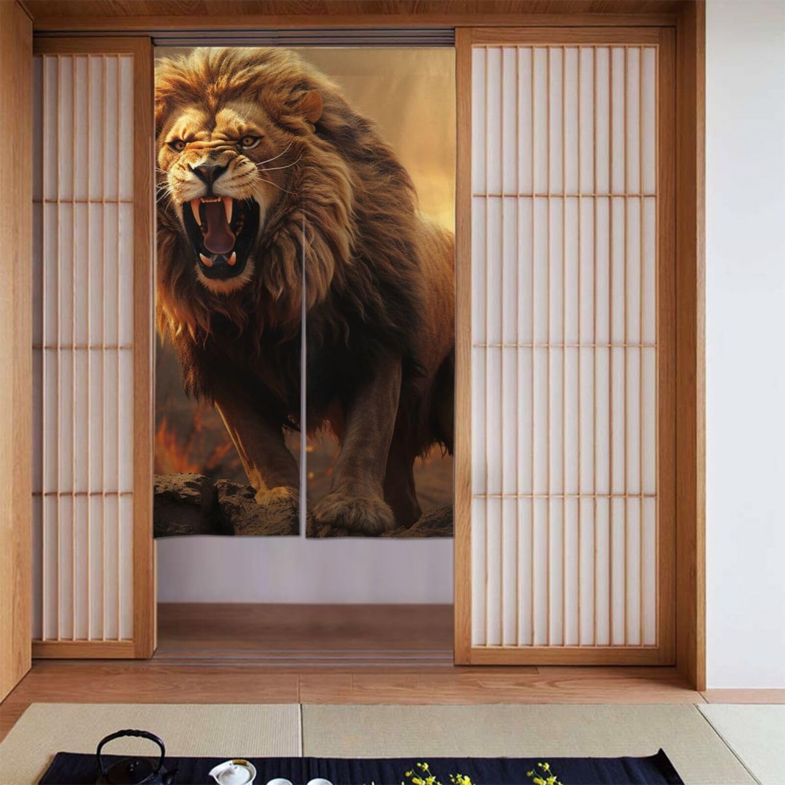 FodPand Personalized Door Curtain for Doorway Privac 34"X 56", Blackout Kitchen Curtains Window Treatment 2 Panel Angry Roaring Lion Door Curtain Tapestry Hanging Room Divider Home Decor