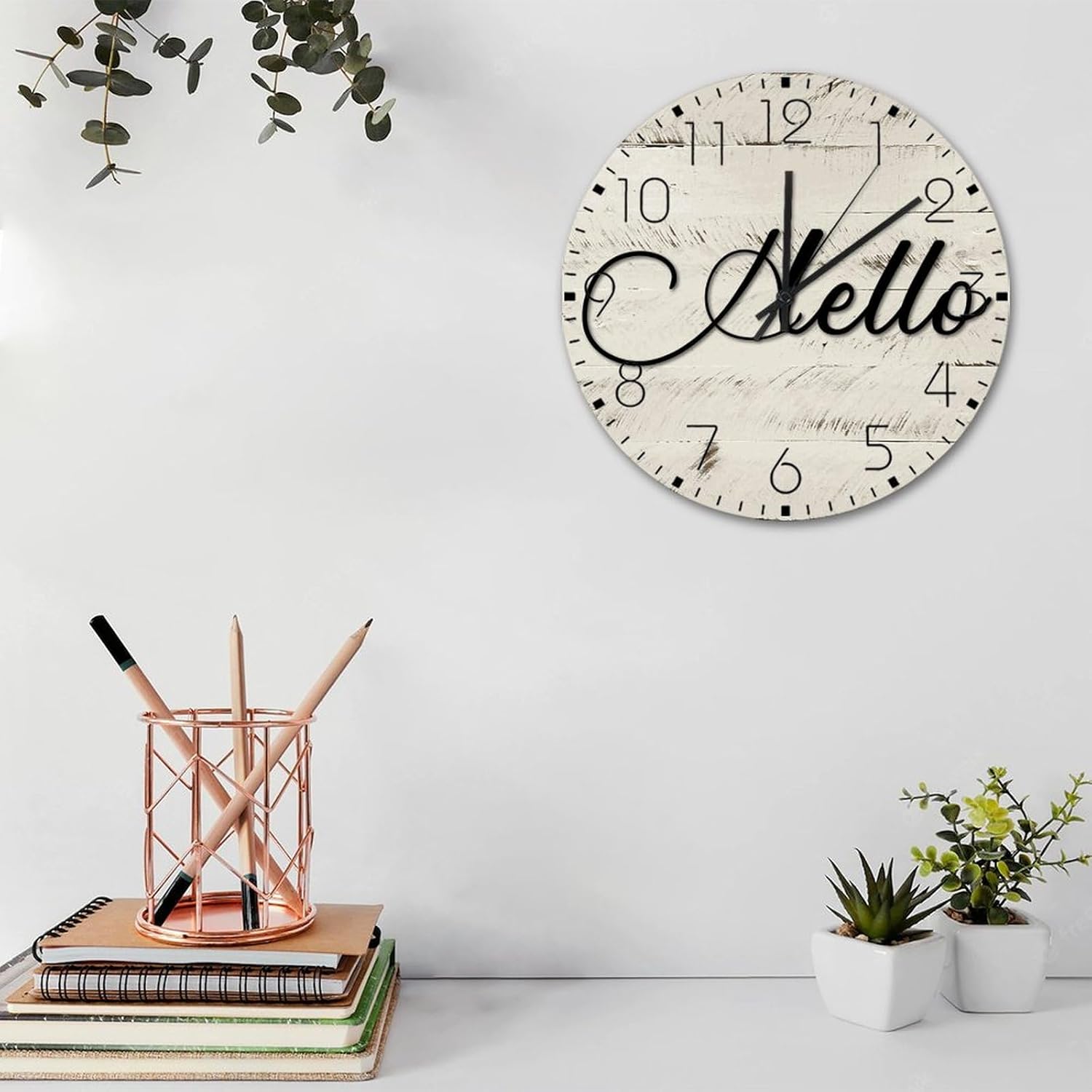 12 Inch Silent Non-Ticking Wall Clocks Battery Operated Hello Home Decoration for Home Cursive Word Art Black Letters Vintage Round Wooden Wall Clock Country for Dining Room New Home