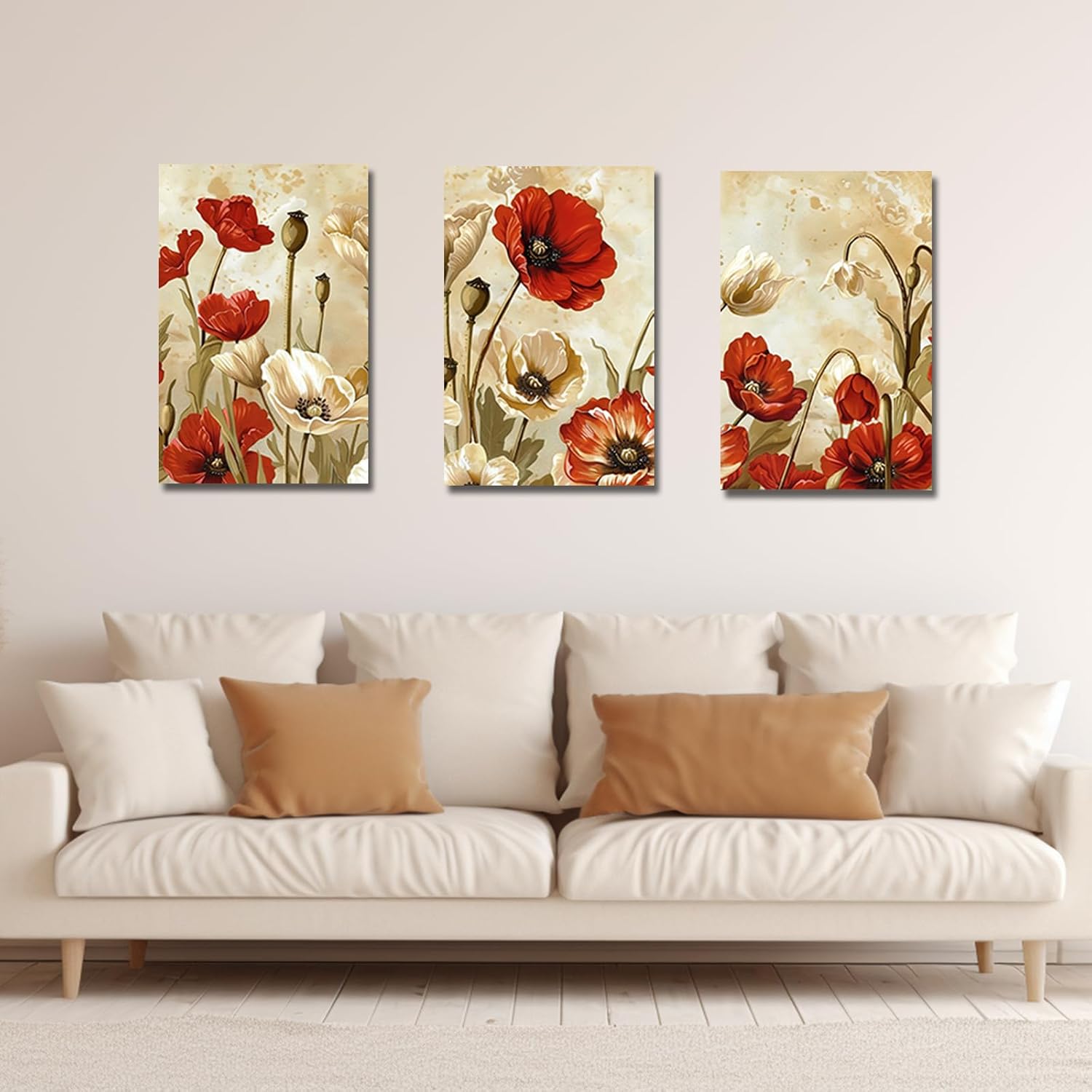 PBXBJY Red Poppy Canvas Wall Art Poppies Flower Painting Prints 3 Piece Brown Rustic Floral Picture Vintage Wall Decor for Bathroom Kitchen (Floral-1, (12.00" x 16.00" x 3PCS))