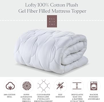 Ella Jayne Lofty 100% Cotton Plush Gel Fiber Filled Mattress Topper, 2 Extra Loft, Deep Elastic Skirt, Fits 22 Mattress - Full (54x75x2)