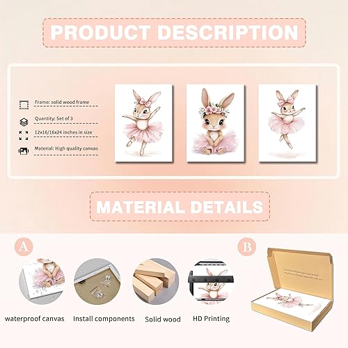 Miniatura 6 de Juego de 3 pinturas artísticas en lienzo para habitación del bebé niña, juego de 3, bonitos pósteres de conejito rosa con estampado de animales para