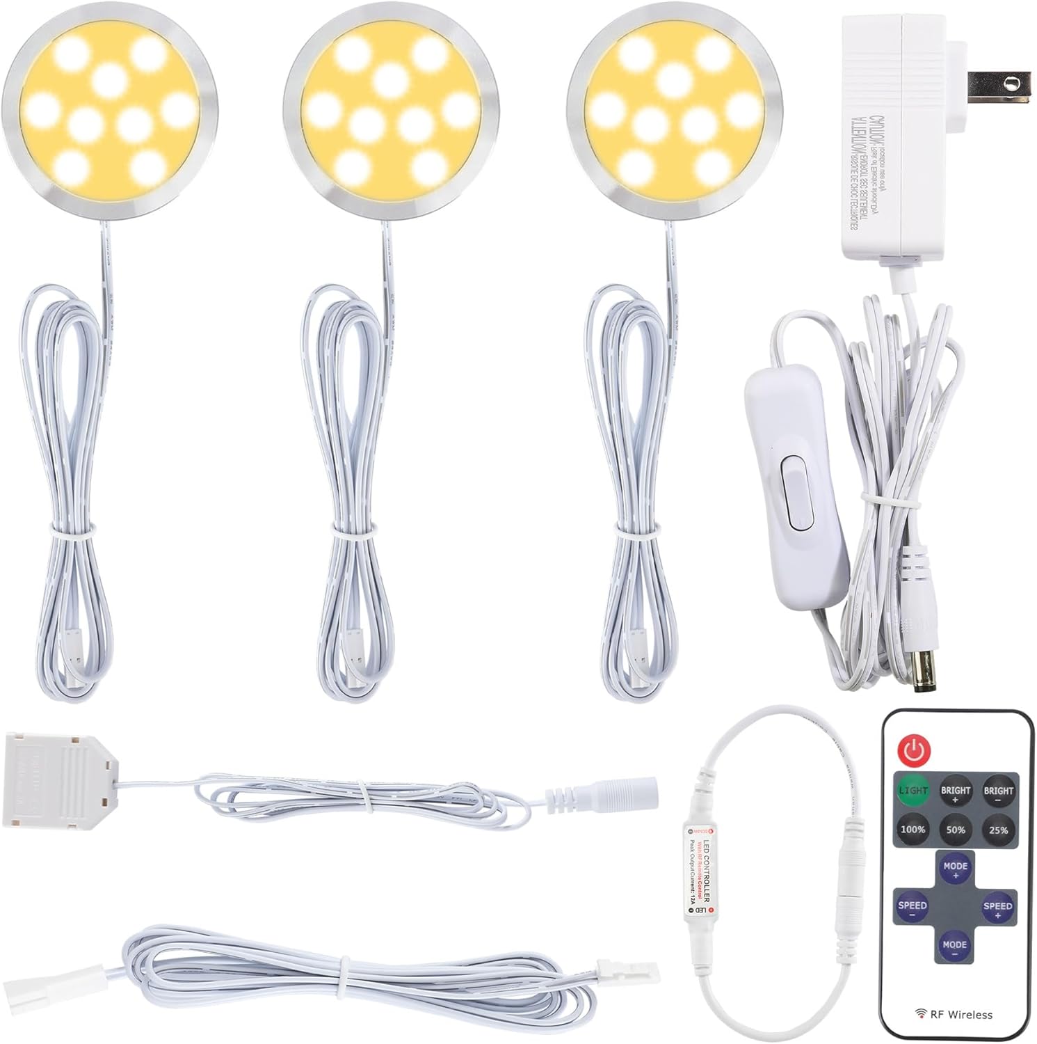 Plugged in Under Cabinet Round Puck Lighting Kit, 110V Electric Wired LED Closet Bookcase Lights, Remote Control Dimmable, 3-Way Octopus Junction Box Wiring, 3 Lights, Cool White