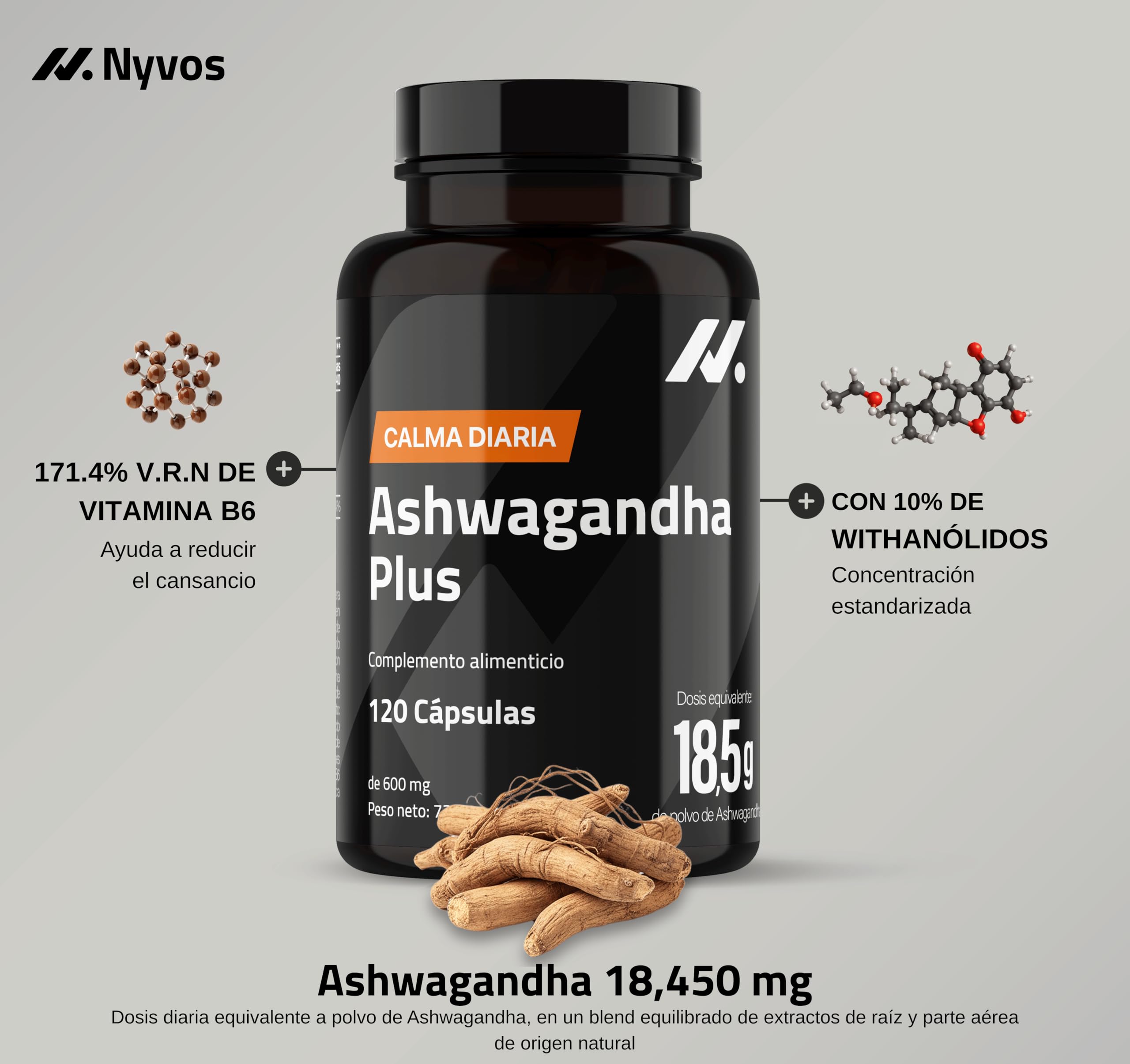 Ashwagandha Extracto 50:1 10% Withanólidos, Calma y Descanso - 120 Cápsulas | Relajación y bienestar diario, raíz de Withania somnifera, 18.450 mg equivalentes por dosis, adaptógeno puro sin estimulantes
